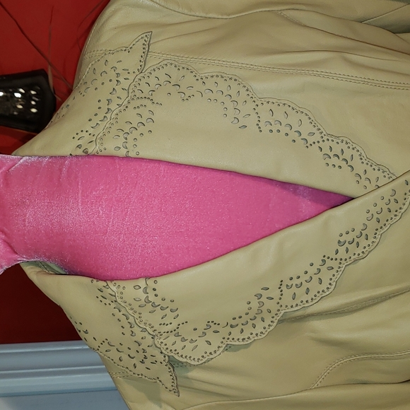 ππ€π WILSONS VINTAGE 90S GENUINE LEATHER TAN EYELET SCALLOPED BLAZER JACKET - Picture 8 of 16